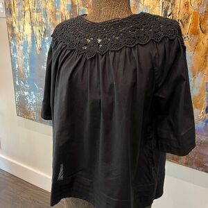 J. Crew Black Crochet Yoke Short Sleeve Blouse